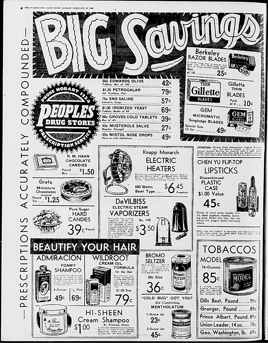 1947 Washington Daily News newspaper clipping mentioning Peoples Drug
